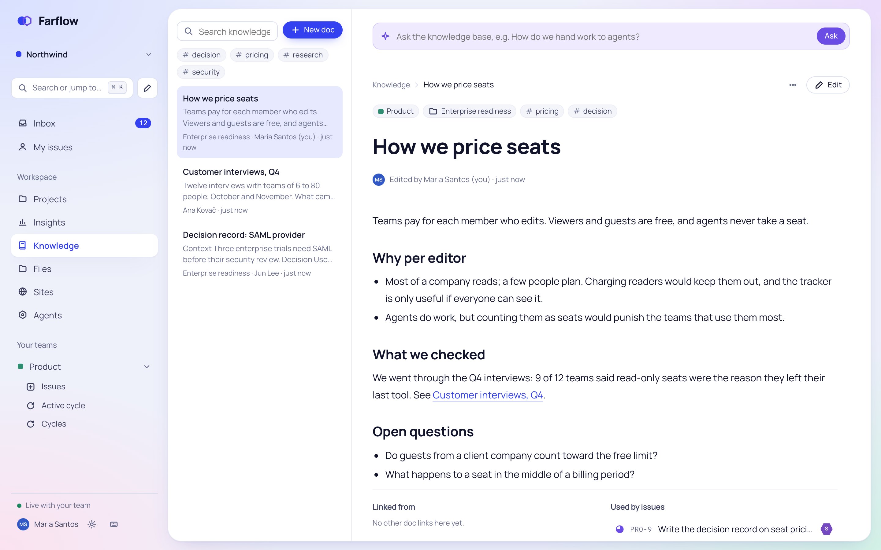 A doc called How we price seats, with headings, a table and the issues it is linked to.