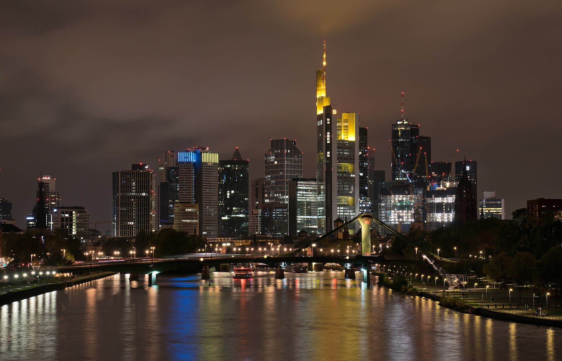 Frankfurt's high-rise district at night, seen across the river Main